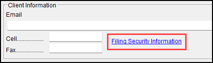 Image of "Filing Security Information" link under the "Client Information" section on screen 1